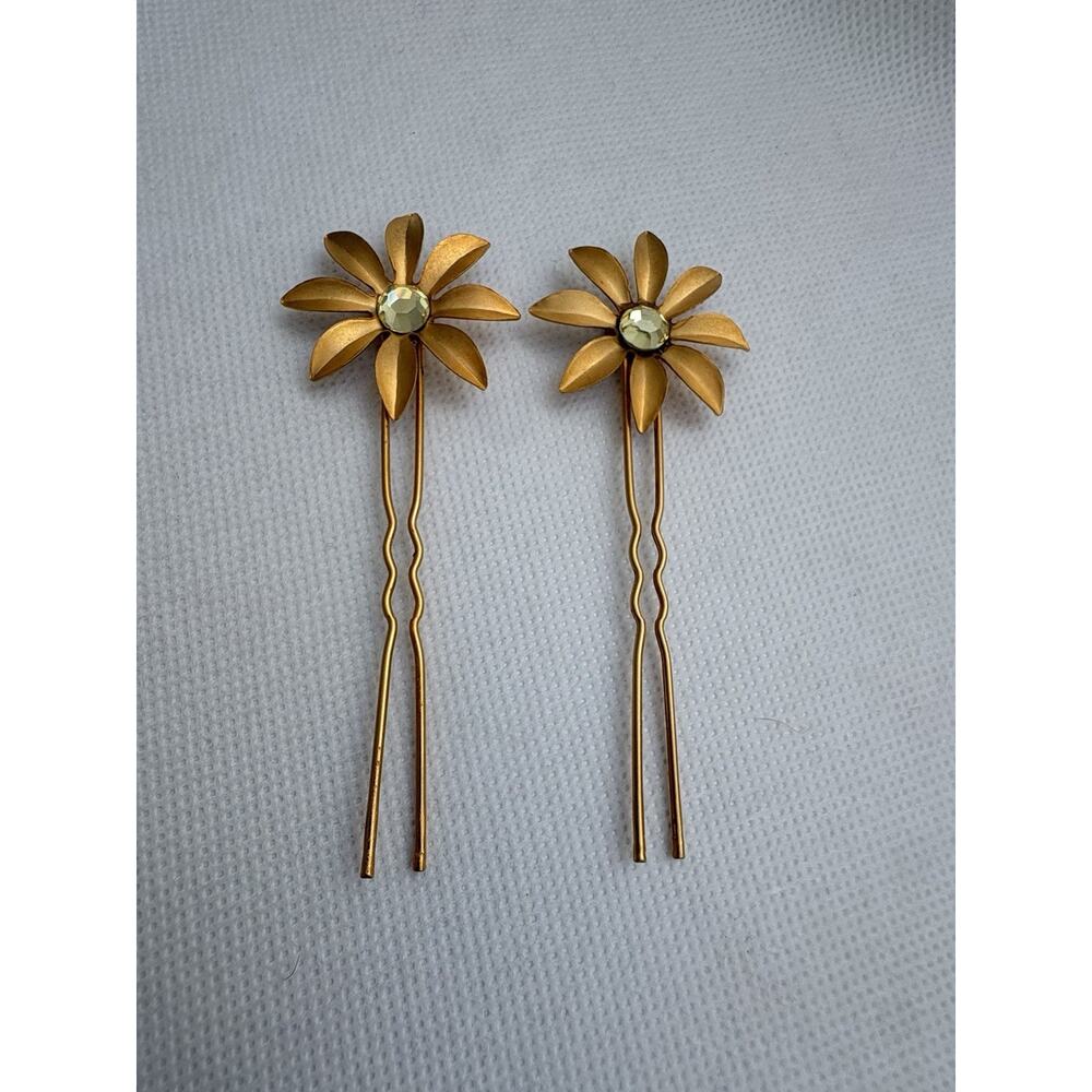 Colette Malouf Gold Tone Daisy Flower Hair Pins Pair Crystal Center Wedding Set - Picture 2 of 6